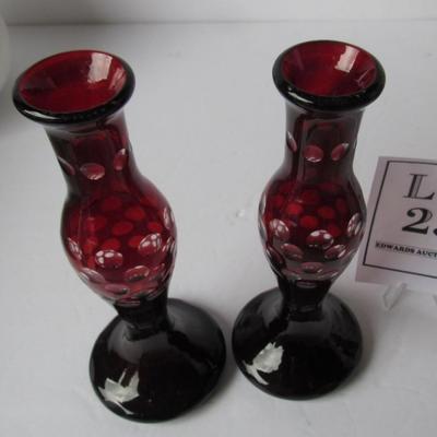 Matching Pair Cut to Clear Glass Vases or Candlesticks