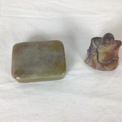 Lot. 6215. Carved Agate Chinese Laughing Buddha with Stone Box