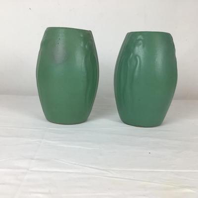 Lot. 6214. Pair of Zanesville Matte Green Vases