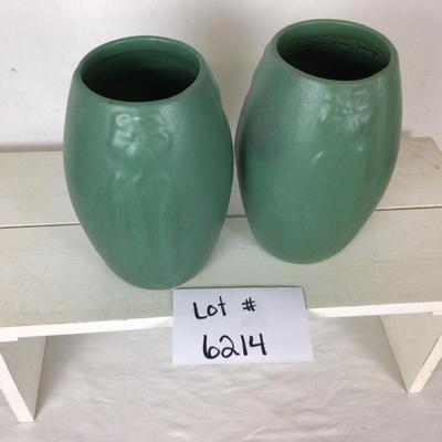 Lot. 6214. Pair of Zanesville Matte Green Vases