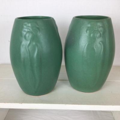 Lot. 6214. Pair of Zanesville Matte Green Vases