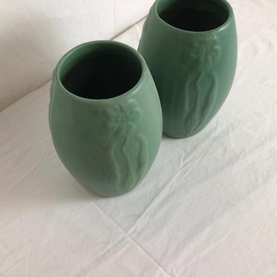 Lot. 6214. Pair of Zanesville Matte Green Vases