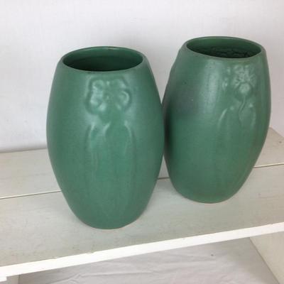 Lot. 6214. Pair of Zanesville Matte Green Vases