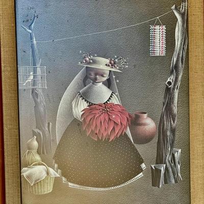 FRAMED VINTAGE ARTWORK BY ALEJANDRO RANGEL HIDALGO LITTLE FLOWER VENDER LITTLE FRUIT VENDOR