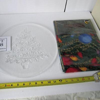 Christmas Tree Plate and Unused 52" Square Christmas Tablecloth