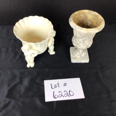 Lot. 6220. Alabaster Vase and Cherub Porcelain Vase
