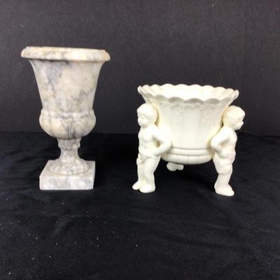 Lot. 6220. Alabaster Vase and Cherub Porcelain Vase