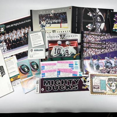 Lot of Mighty Ducks NHL Tickets, Bumper Sticker, Commemorative Game Programs, & More