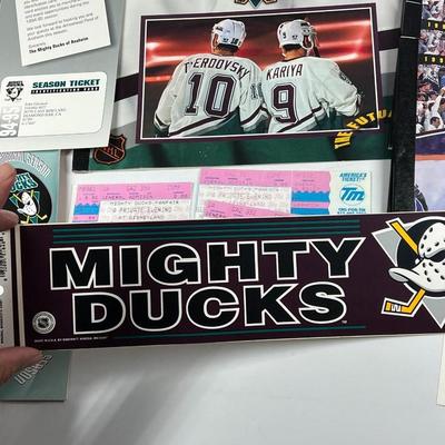 Lot of Mighty Ducks NHL Tickets, Bumper Sticker, Commemorative Game Programs, & More