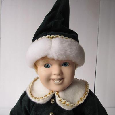 Adorable Little Boy Elf Porcelain Doll on Stand