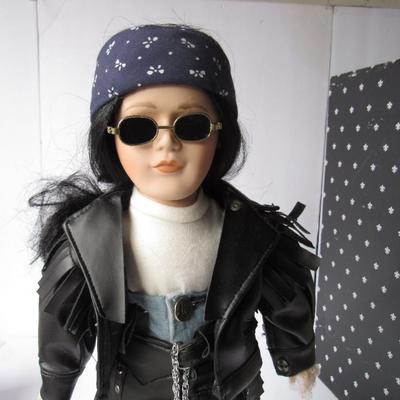 Porcelain Face Biker Girl Doll, 17" Tall, With Stand, Imperial Collectibles, #281/5000