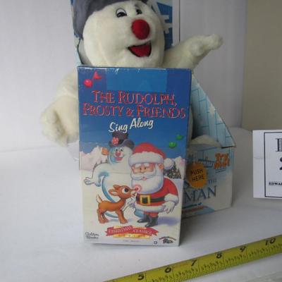 Older Plush Frosty the Snowman in Original Packaging With Rudolph Sing Along VHS