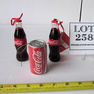 Older Coca Cola Bottle and Can Christmas Ornaments