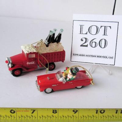 2 Older Coca Cola Christmas Ornaments, Car and Truck