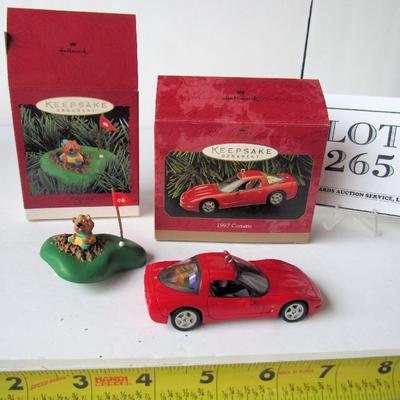 2 Hallmark Christmas Ornaments: 1997 Corvette and I Dig Golf Clip-on, 1996