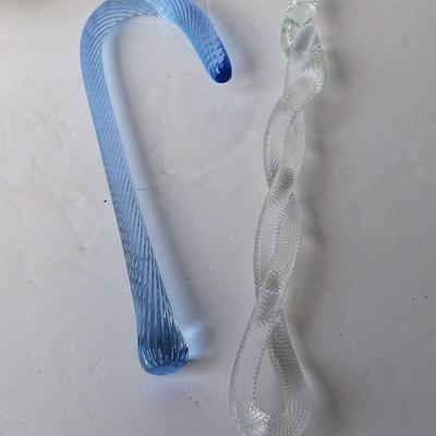 2 Glass Christmas Ornaments, Gibson Glass Candy Cane, Twisted Icicle