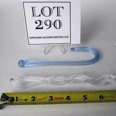 2 Glass Christmas Ornaments, Gibson Glass Candy Cane, Twisted Icicle