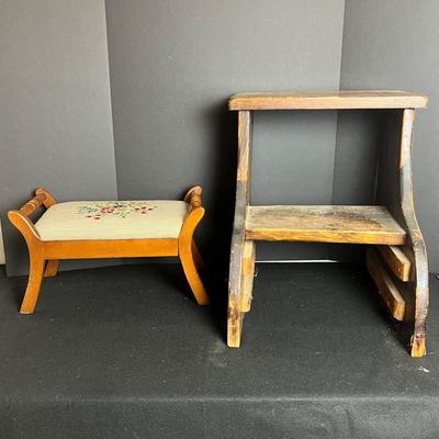 Lot. 6224. Vintage Needlepoint Footstool/Handmade Wood 2-Step Stool