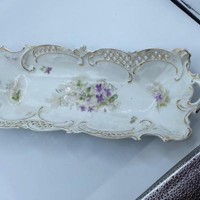 Antique German porcelain pierced handled bowl with handles