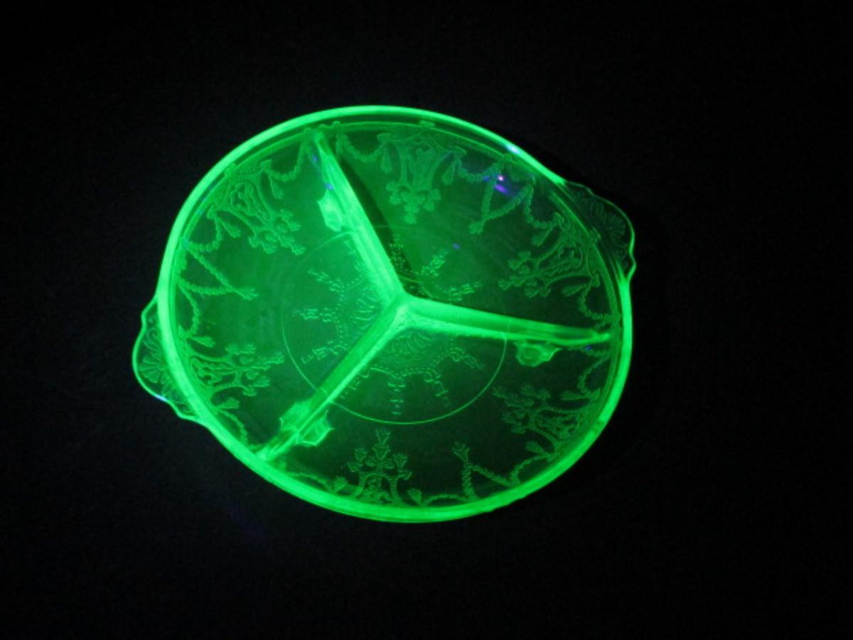 Vintage Footed Uranium Glass Divided Dish with Etched Design Approx 8
