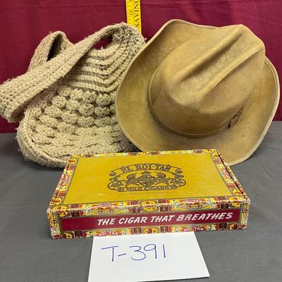 Cigar box, hat and purse