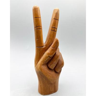 Retro Carved Wood Hand Holding Peace Sign Jewelry Ring Vanity Display Figurine