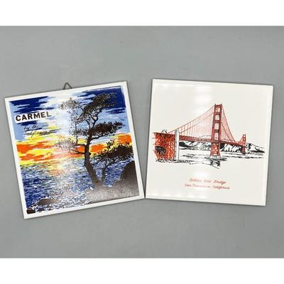 Pair of Hanging Home Decor Tiles Carmel By the Sea & Golden Gate Bridge Souvenirs