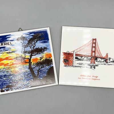 Pair of Hanging Home Decor Tiles Carmel By the Sea & Golden Gate Bridge Souvenirs