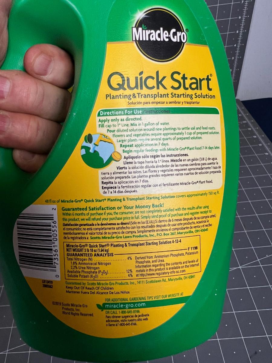 3 jugs of Miracle Gro Quick Start Solution