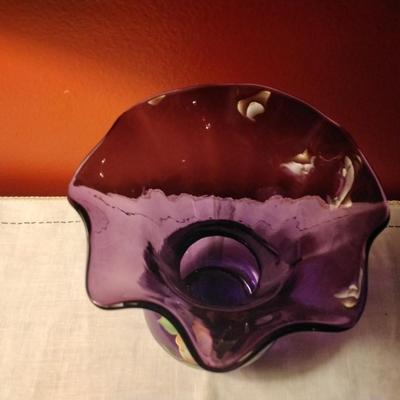 1950 Fenton Hand Painted Signed A. Deem Purple Glass Vase 9