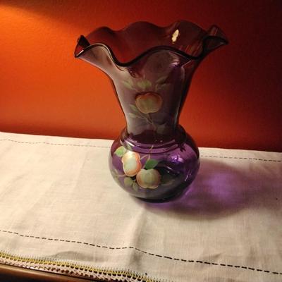 1950 Fenton Hand Painted Signed A. Deem Purple Glass Vase 9"
