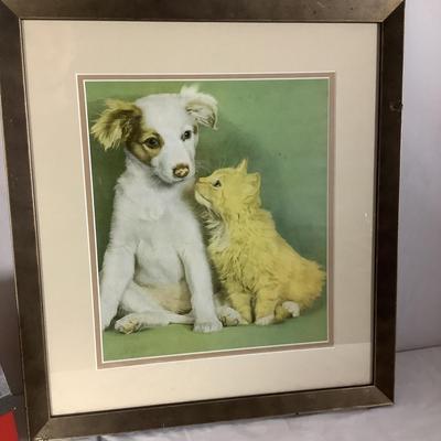 Lot. 6251. Double Matted Puppy and Cat print with Lunch Box