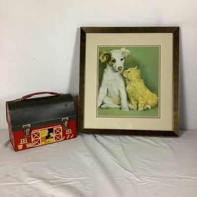 Lot. 6251. Double Matted Puppy and Cat print with Lunch Box