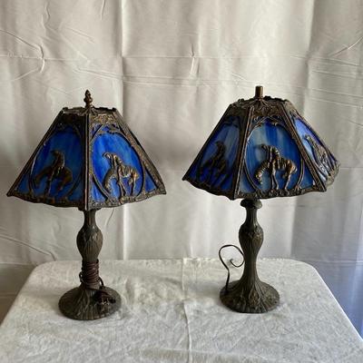 1920's Six Panel Native American Indian and Horse Blue Slag Glass Lamps