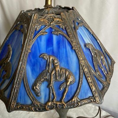1920's Six Panel Native American Indian and Horse Blue Slag Glass Lamps