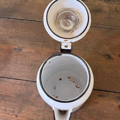 Vintage ~ Enamel Coffee Pot/Percolator ~  Pyrex Glass Dome & Lidded Sugar Bowl