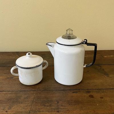 Vintage ~ Enamel Coffee Pot/Percolator ~  Pyrex Glass Dome & Lidded Sugar Bowl