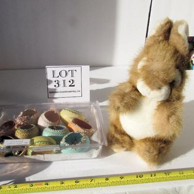 Plush Rabbit With Tag and Real Egg Shells Decorated for Easter