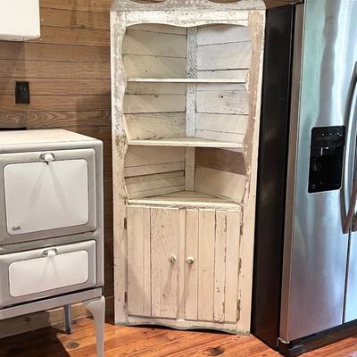 Vintage â€œRusticâ€ Off White Distressed Solid Wood Corner Cabinet ~ *Read Details