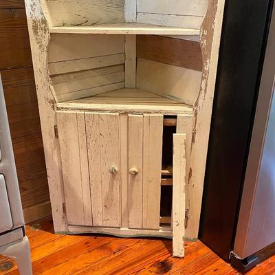 Vintage â€œRusticâ€ Off White Distressed Solid Wood Corner Cabinet ~ *Read Details