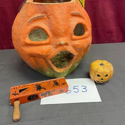 Vintage paper pulp jack-o-lantern, Halloween noise maker