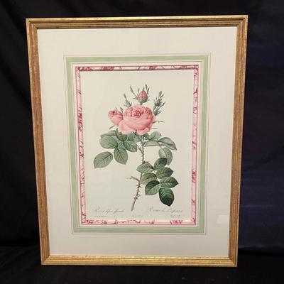 Pair of Wooden Framed & Matted Redoute Rose Prints (B2-MG)