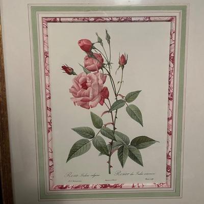 Pair of Wooden Framed & Matted Redoute Rose Prints (B2-MG)