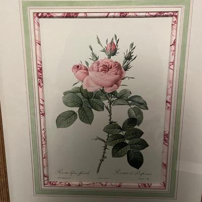 Pair of Wooden Framed & Matted Redoute Rose Prints (B2-MG)