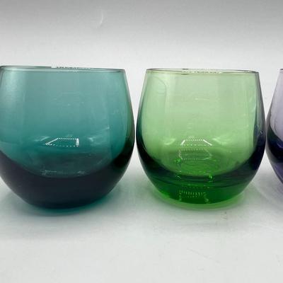 Small Lot of 4 Colorful Bubble Glass Drinking Shot Glasses blue green purple teal