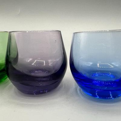 Small Lot of 4 Colorful Bubble Glass Drinking Shot Glasses blue green purple teal