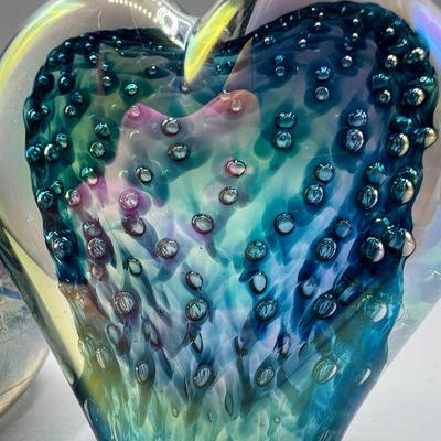 Multi Colored Bubble Heart Shaped & Round Displayable Glass Paperweight Sculptures