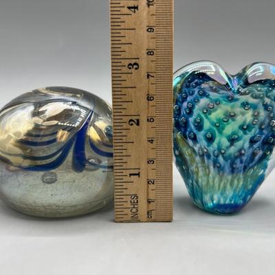 Multi Colored Bubble Heart Shaped & Round Displayable Glass Paperweight Sculptures