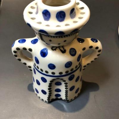 Polish Pottery Blue Dot Man and Woman Candle Sticks