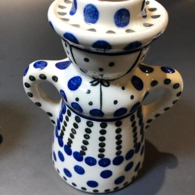 Polish Pottery Blue Dot Man and Woman Candle Sticks